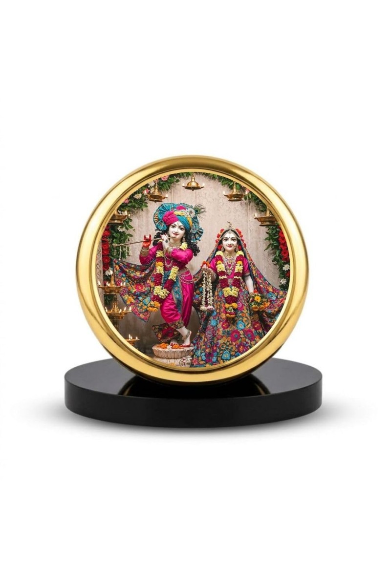 Car Dashboard/Table Top Radhaa And Krishna Metal Golden Photo Stand 2x2 Inches, Compact & Stylish Spiritual Display For Car, Home & Office (Pack Of 1) (F24742)