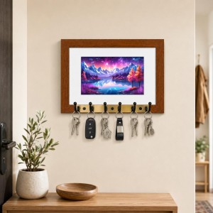 Decorative Wooden Photo Frame Key Hanger With Nature Picture, 12 X 8 Inch Wall Key Holder, 10 X 6 Inch Glossy Photo Frame, 6 Metal Hooks, Home Entrance Decor, Made In India (F38910)