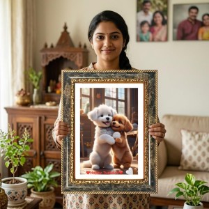 Two Puppies Decorative Photo Frame With White Mount | Premium Wall & Tabletop Picture Frame | Home, Office & Temple Decoration | 8x12 Inch (Pack Of 1) (F32592)
