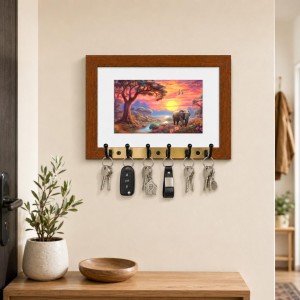 Decorative Wooden Photo Frame Key Hanger With Nature Picture, 12 X 8 Inch Wall Key Holder, 10 X 6 Inch Glossy Photo Frame, 6 Metal Hooks, Home Entrance Decor, Made In India (F38898)