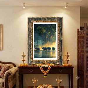 Elephants Decorative Photo Frame With White Mount | Premium Wall & Tabletop Picture Frame | Home, Office & Temple Decoration | 8x12 Inch (Pack Of 1) (F33022)