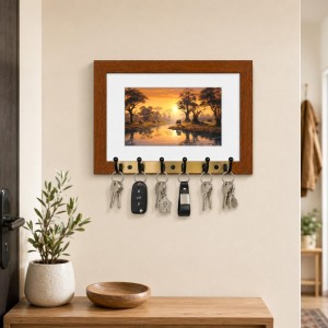 Decorative Wooden Photo Frame Key Hanger With Nature Picture, 12 X 8 Inch Wall Key Holder, 10 X 6 Inch Glossy Photo Frame, 6 Metal Hooks, Home Entrance Decor, Made In India (F38737)