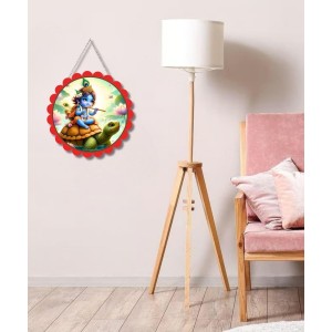 Lord Krishna Wall Hanging Photo Frame | 8 Inch Round Floral Design With Golden Hanging Chain | Decorative Religious Wall Decor For Home, Office, Temple & Pooja Room (F22069)