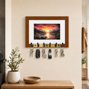 Decorative Wooden Photo Frame Key Hanger With Nature Picture, 12 X 8 Inch Wall Key Holder, 10 X 6 Inch Glossy Photo Frame, 6 Metal Hooks, Home Entrance Decor, Made In India (F38617)