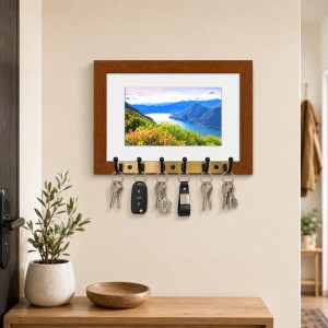 Decorative Wooden Photo Frame Key Hanger With Nature Picture, 12 X 8 Inch Wall Key Holder, 10 X 6 Inch Glossy Photo Frame, 6 Metal Hooks, Home Entrance Decor, Made In India (F38692)