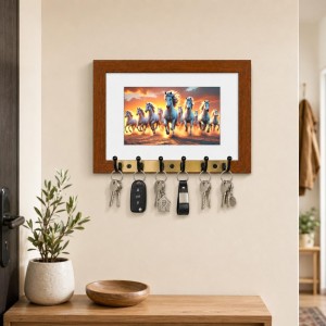Decorative Wooden Photo Frame Key Hanger With Nature Picture, 12 X 8 Inch Wall Key Holder, 10 X 6 Inch Glossy Photo Frame, 6 Metal Hooks, Home Entrance Decor, Made In India (F38834)