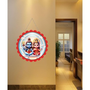 Lord Shiva And Parvathi Wall Hanging Photo Frame | 8 Inch Round Floral Design With Golden Hanging Chain | Decorative Religious Wall Decor For Home, Office, Temple & Pooja Room (F22742)