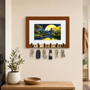 Decorative Wooden Photo Frame Key Hanger With Nature Picture, 12 X 8 Inch Wall Key Holder, 10 X 6 Inch Glossy Photo Frame, 6 Metal Hooks, Home Entrance Decor, Made In India (F38761)