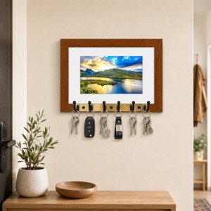Decorative Wooden Photo Frame Key Hanger With Nature Picture, 12 X 8 Inch Wall Key Holder, 10 X 6 Inch Glossy Photo Frame, 6 Metal Hooks, Home Entrance Decor, Made In India (F38859)