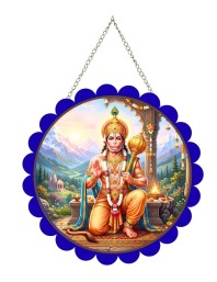 Lord Hanuman Wall Hanging Photo Frame | 8 Inch Round Floral Design With Golden Hanging Chain | Decorative Religious Wall Decor For Home, Office, Temple & Pooja Room (F22178)