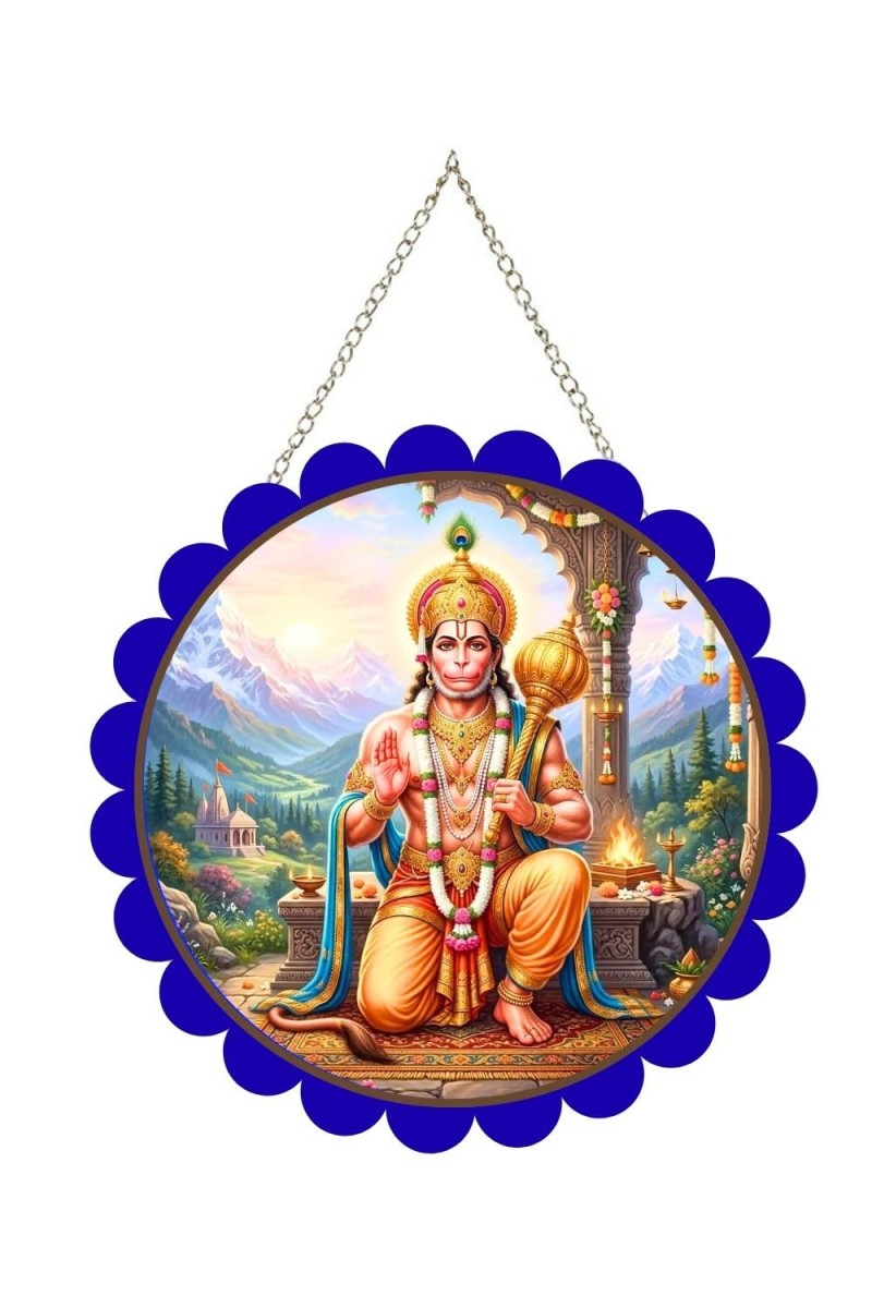 Lord Hanuman Wall Hanging Photo Frame | 8 Inch Round Floral Design With Golden Hanging Chain | Decorative Religious Wall Decor For Home, Office, Temple & Pooja Room (F22178)