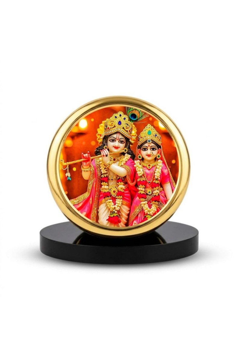 Car Dashboard/Table Top Radhaa Krishna Metal Golden Photo Stand 2x2 Inches, Compact & Stylish Spiritual Display For Car, Home & Office (Pack Of 1) (F24688)