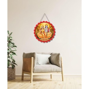 Lord Vishnu Lakshmi Wall Hanging Photo Frame | 8 Inch Round Floral Design With Golden Hanging Chain | Decorative Religious Wall Decor For Home, Office, Temple & Pooja Room (F21983)