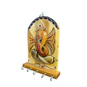 Wooden Ganesha Key Holder for Wall with 5 Metal Hooks | Handcrafted Wooden Ganesh Key Stand & Key Hanger | Decorative Wall Mounted Key Organizer for Home Entrance, Living Room & Office