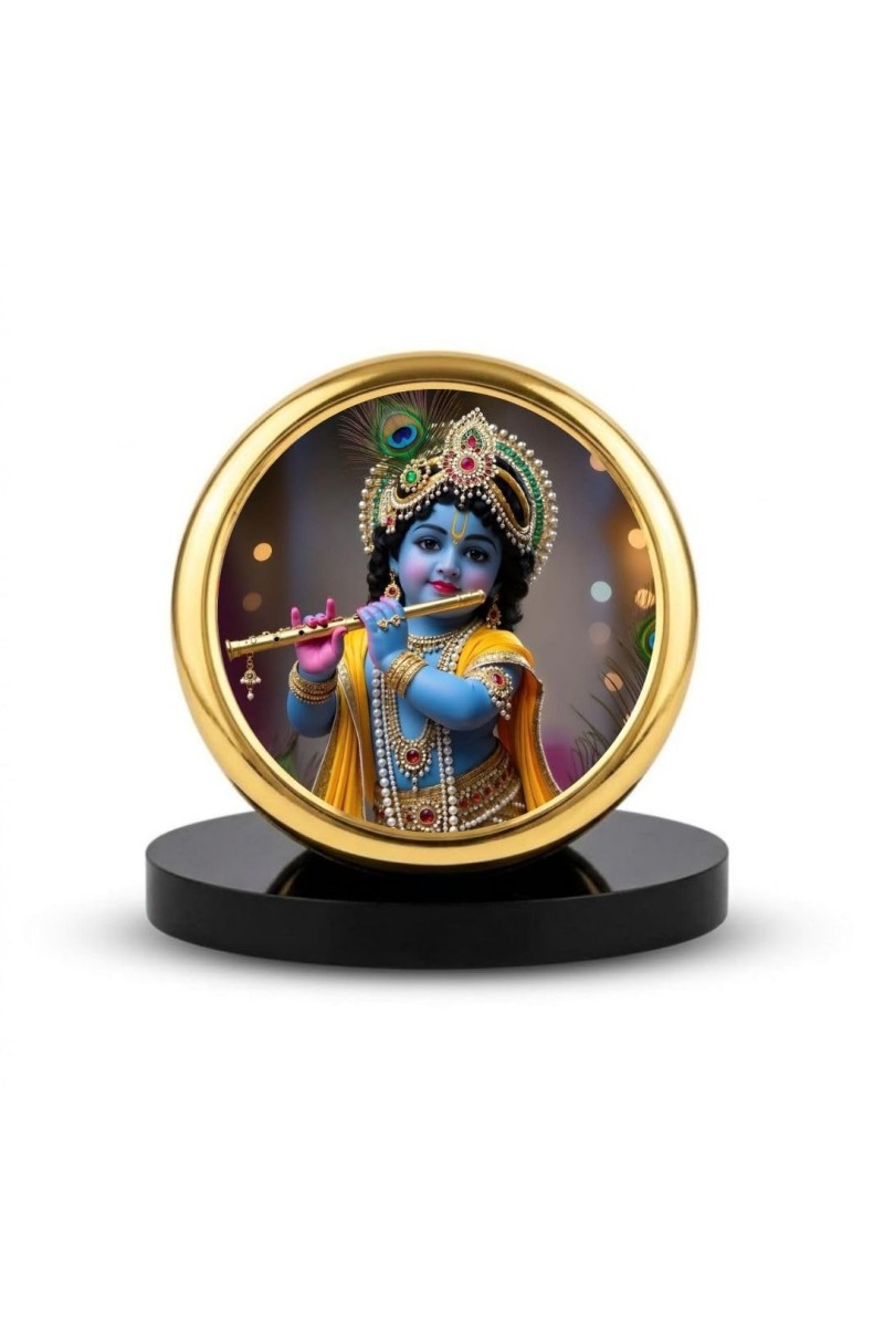 Car Dashboard/Table Top Lord Krishna Metal Golden Photo Stand 2x2 Inches, Compact & Stylish Spiritual Display For Car, Home & Office (Pack Of 1) (F24623)