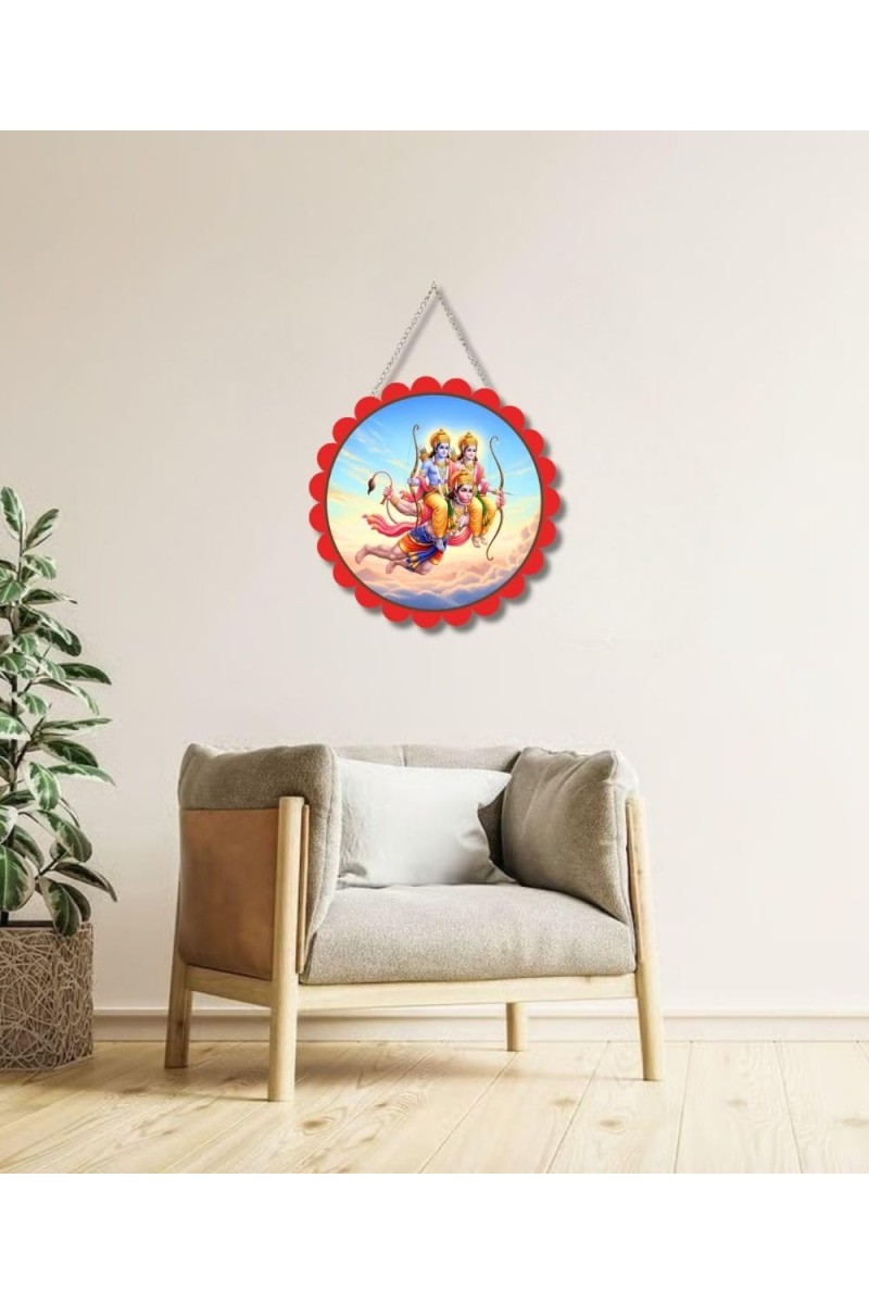 Lord Rama And Lakshmana And And Hanuman Wall Hanging Photo Frame | 8 Inch Round Floral Design With Golden Hanging Chain | Decorative Religious Wall Decor For Home, Office, Temple & Pooja Room (F21952)