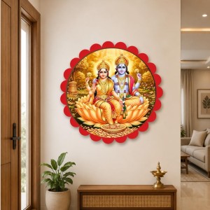 Lord Vishnu Lakshmi Wall Hanging Photo Frame | 8 Inch Round Floral Design With Golden Hanging Chain | Decorative Religious Wall Decor For Home, Office, Temple & Pooja Room (F21983)