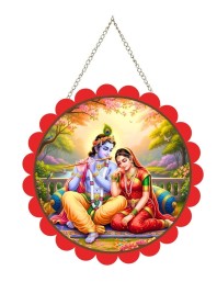 Lord Krishna And Radha Wall Hanging Photo Frame | 8 Inch Round Floral Design With Golden Hanging Chain | Decorative Religious Wall Decor For Home, Office, Temple & Pooja Room (F22031)