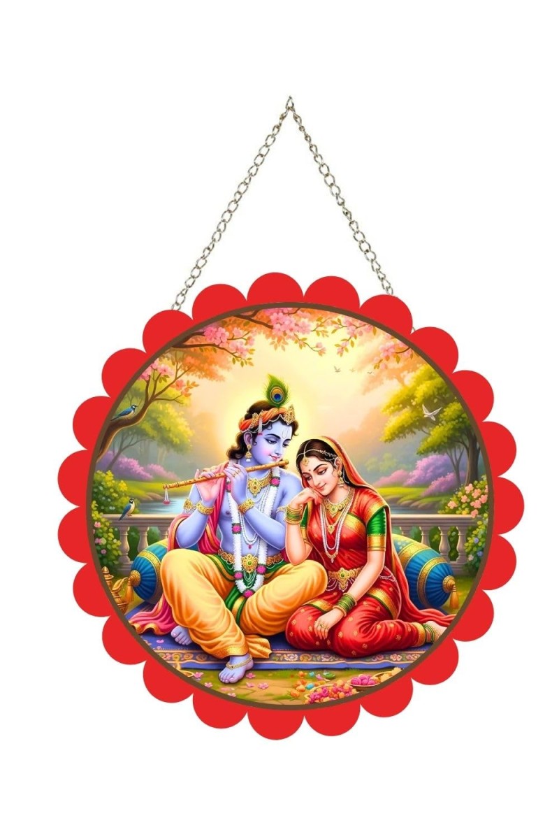 Lord Krishna And Radha Wall Hanging Photo Frame | 8 Inch Round Floral Design With Golden Hanging Chain | Decorative Religious Wall Decor For Home, Office, Temple & Pooja Room (F22031)