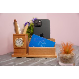 Wooden Pen Stand with Analog Clock & Business Card Holder | Multipurpose Desk Organizer for Office Table | Pen Pencil Holder | Wooden Stationery Organizer for Home & Office