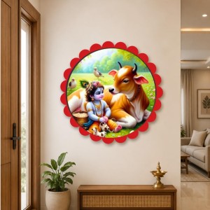 Lord Krishna Wall Hanging Photo Frame | 8 Inch Round Floral Design With Golden Hanging Chain | Decorative Religious Wall Decor For Home, Office, Temple & Pooja Room (F22712)