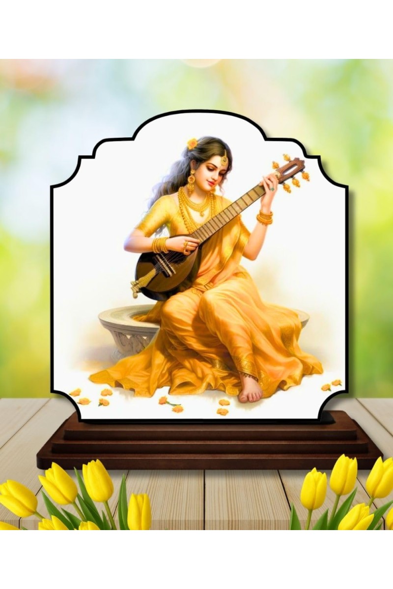 Car Dashboard/Table Top Goddess Saraswathi Wooden Rectangle Photo Stand 3x4 Inches, Compact & Stylish Spiritual Display for Car, Home & Office (Pack of 1) (F22430)