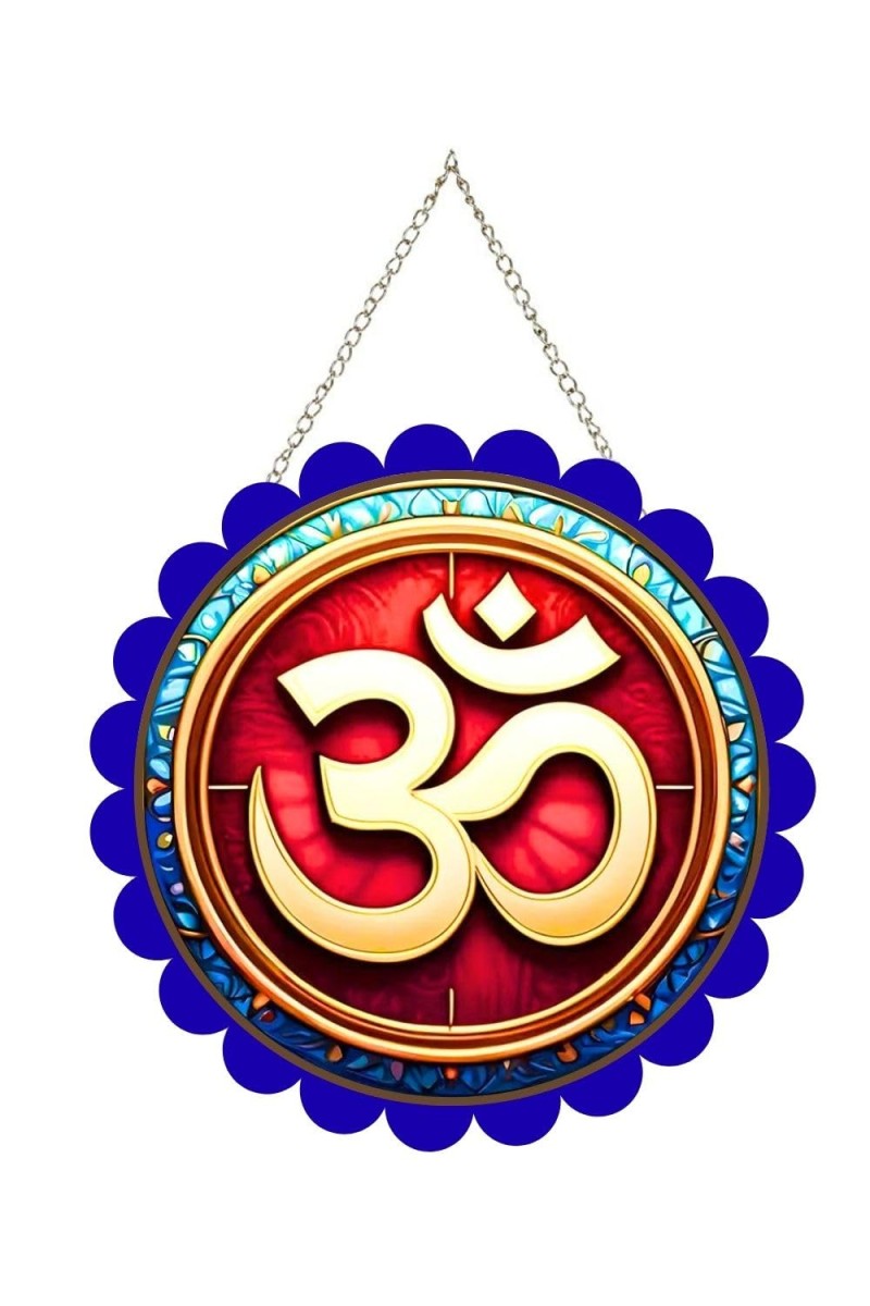 Om Symbol Wall Hanging Photo Frame | 8 Inch Round Floral Design With Golden Hanging Chain | Decorative Religious Wall Decor For Home, Office, Temple & Pooja Room (F22157)