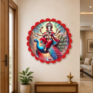Lord Ganesha Wall Hanging Photo Frame | 8 Inch Round Floral Design With Golden Hanging Chain | Decorative Religious Wall Decor For Home, Office, Temple & Pooja Room (F21955)
