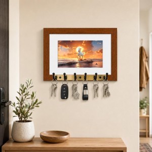 Decorative Wooden Photo Frame Key Hanger With Nature Picture, 12 X 8 Inch Wall Key Holder, 10 X 6 Inch Glossy Photo Frame, 6 Metal Hooks, Home Entrance Decor, Made In India (F38680)