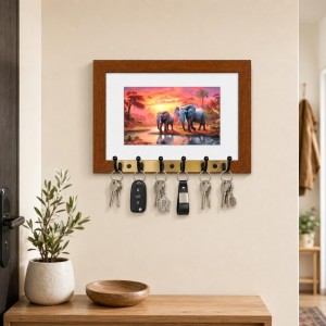 Decorative Wooden Photo Frame Key Hanger With Nature Picture, 12 X 8 Inch Wall Key Holder, 10 X 6 Inch Glossy Photo Frame, 6 Metal Hooks, Home Entrance Decor, Made In India (F38772)