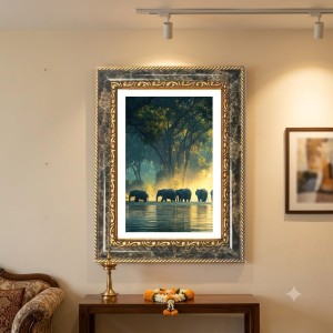 Elephants Decorative Photo Frame With White Mount | Premium Wall & Tabletop Picture Frame | Home, Office & Temple Decoration | 8x12 Inch (Pack Of 1) (F33022)