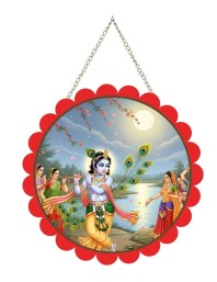 Lord Krishna Wall Hanging Photo Frame | 8 Inch Round Floral Design With Golden Hanging Chain | Decorative Religious Wall Decor For Home, Office, Temple & Pooja Room (F22162)