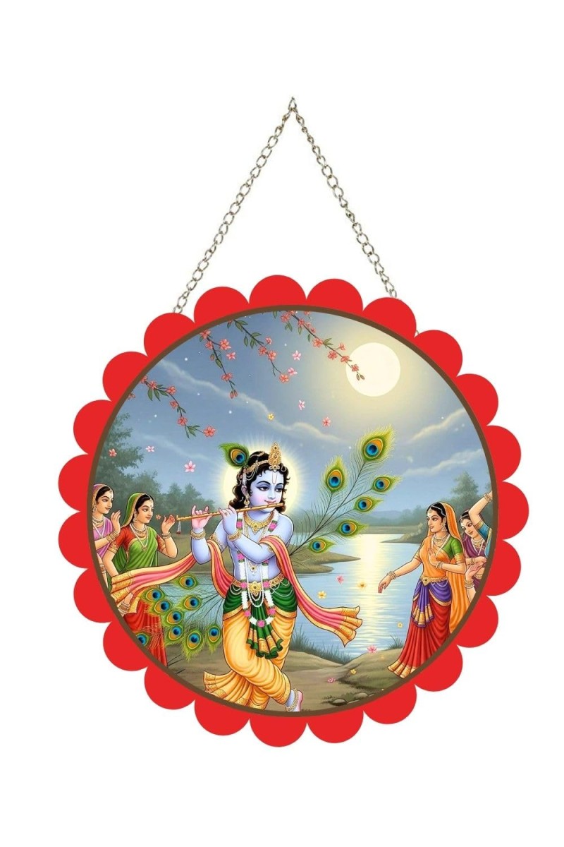 Lord Krishna Wall Hanging Photo Frame | 8 Inch Round Floral Design With Golden Hanging Chain | Decorative Religious Wall Decor For Home, Office, Temple & Pooja Room (F22162)
