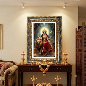 Goddess Durga Decorative Photo Frame With White Mount | Premium Wall & Tabletop Picture Frame | Home, Office & Temple Decoration | 10x14 Inch (Pack Of 1) (F31153)