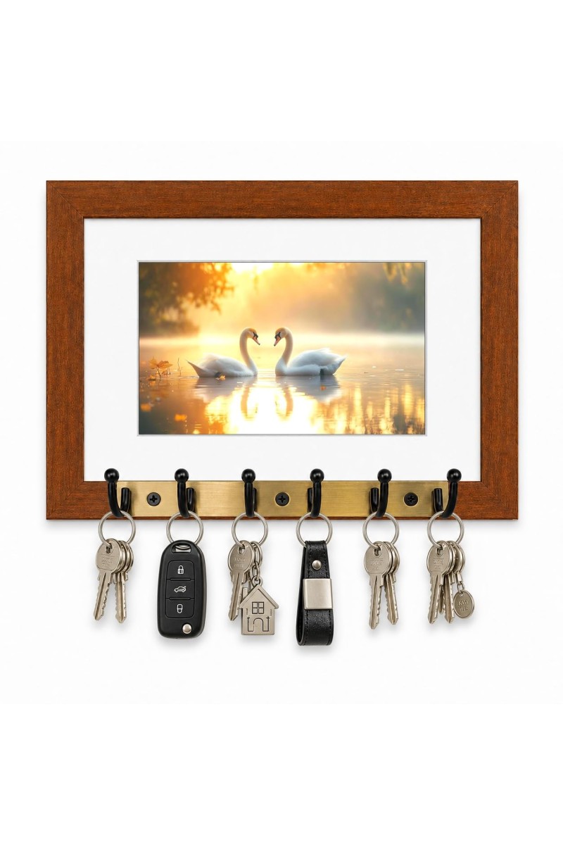 Decorative Wooden Photo Frame Key Hanger With Nature Picture, 12 X 8 Inch Wall Key Holder, 10 X 6 Inch Glossy Photo Frame, 6 Metal Hooks, Home Entrance Decor, Made In India (F38637)
