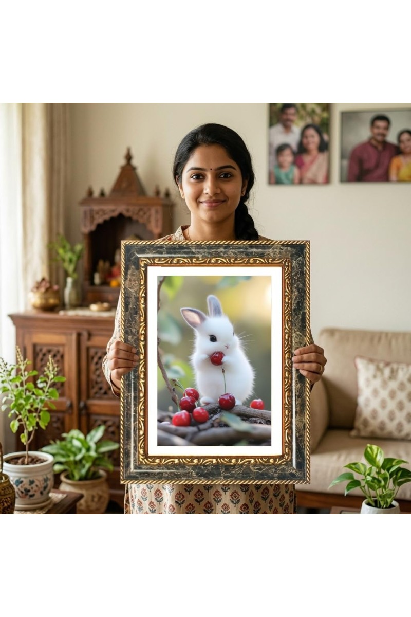 White Rabbit Holding A Red Cherry Decorative Photo Frame With White Mount | Premium Wall & Tabletop Picture Frame | Home, Office & Temple Decoration | 10x14 Inch (Pack Of 1) (F32445)