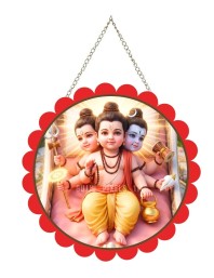 Little Dattatreya Wall Hanging Photo Frame | 8 Inch Round Floral Design With Golden Hanging Chain | Decorative Religious Wall Decor For Home, Office, Temple & Pooja Room (F21974)