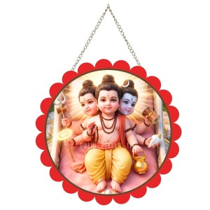 Little Dattatreya Wall Hanging Photo Frame | 8 Inch Round Floral Design With Golden Hanging Chain | Decorative Religious Wall Decor For Home, Office, Temple & Pooja Room (F21974)