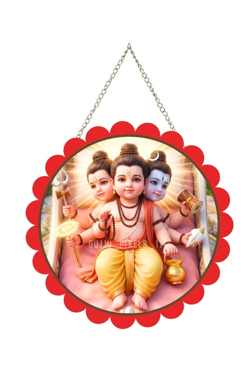 Little Dattatreya Wall Hanging Photo Frame | 8 Inch Round Floral Design With Golden Hanging Chain | Decorative Religious Wall Decor For Home, Office, Temple & Pooja Room (F21974)