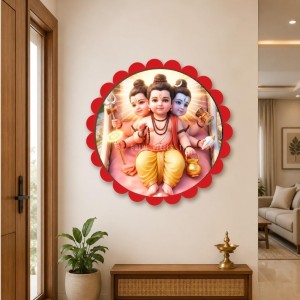 Little Dattatreya Wall Hanging Photo Frame | 8 Inch Round Floral Design With Golden Hanging Chain | Decorative Religious Wall Decor For Home, Office, Temple & Pooja Room (F21974)