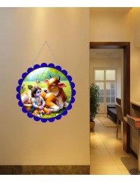 Lord Krishna Wall Hanging Photo Frame | 8 Inch Round Floral Design With Golden Hanging Chain | Decorative Religious Wall Decor For Home, Office, Temple & Pooja Room (F22712)