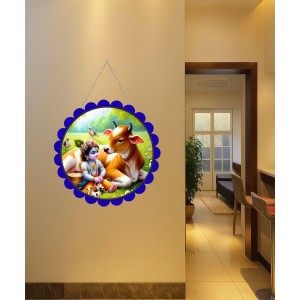 Lord Krishna Wall Hanging Photo Frame | 8 Inch Round Floral Design With Golden Hanging Chain | Decorative Religious Wall Decor For Home, Office, Temple & Pooja Room (F22712)