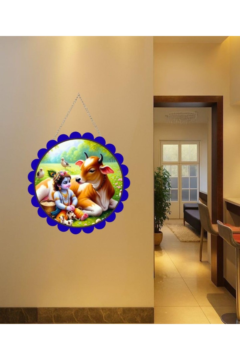 Lord Krishna Wall Hanging Photo Frame | 8 Inch Round Floral Design With Golden Hanging Chain | Decorative Religious Wall Decor For Home, Office, Temple & Pooja Room (F22712)