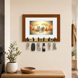 Decorative Wooden Photo Frame Key Hanger With Nature Picture, 12 X 8 Inch Wall Key Holder, 10 X 6 Inch Glossy Photo Frame, 6 Metal Hooks, Home Entrance Decor, Made In India (F38612)