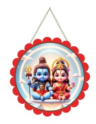 Lord Shiva And Parvathi Wall Hanging Photo Frame | 8 Inch Round Floral Design With Golden Hanging Chain | Decorative Religious Wall Decor For Home, Office, Temple & Pooja Room (F22742)