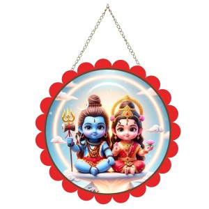 Lord Shiva And Parvathi Wall Hanging Photo Frame | 8 Inch Round Floral Design With Golden Hanging Chain | Decorative Religious Wall Decor For Home, Office, Temple & Pooja Room (F22742)