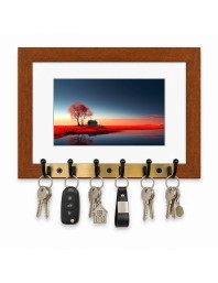 Decorative Wooden Photo Frame Key Hanger With Nature Picture, 12 X 8 Inch Wall Key Holder, 10 X 6 Inch Glossy Photo Frame, 6 Metal Hooks, Home Entrance Decor, Made In India (F38882)