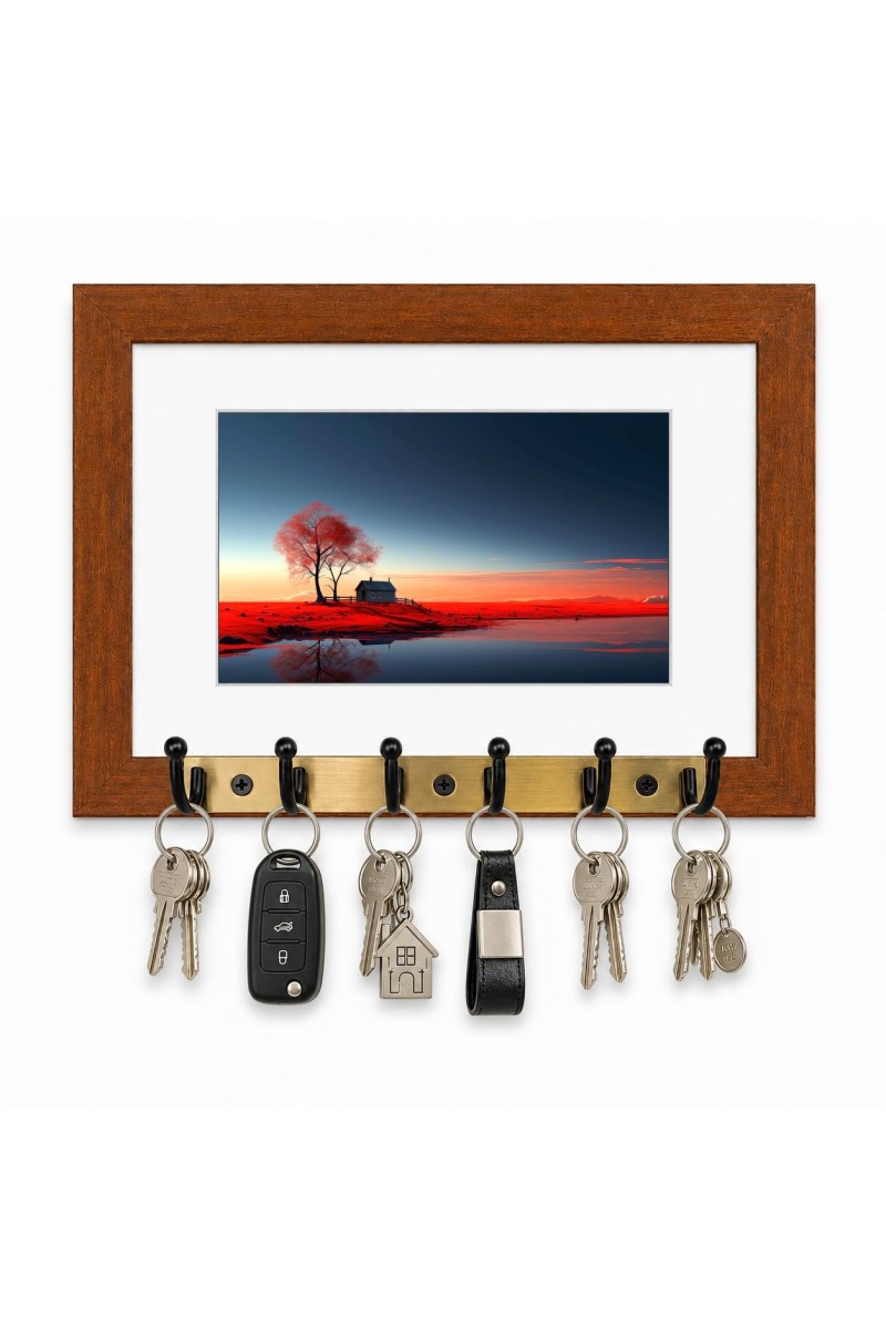 Decorative Wooden Photo Frame Key Hanger With Nature Picture, 12 X 8 Inch Wall Key Holder, 10 X 6 Inch Glossy Photo Frame, 6 Metal Hooks, Home Entrance Decor, Made In India (F38882)