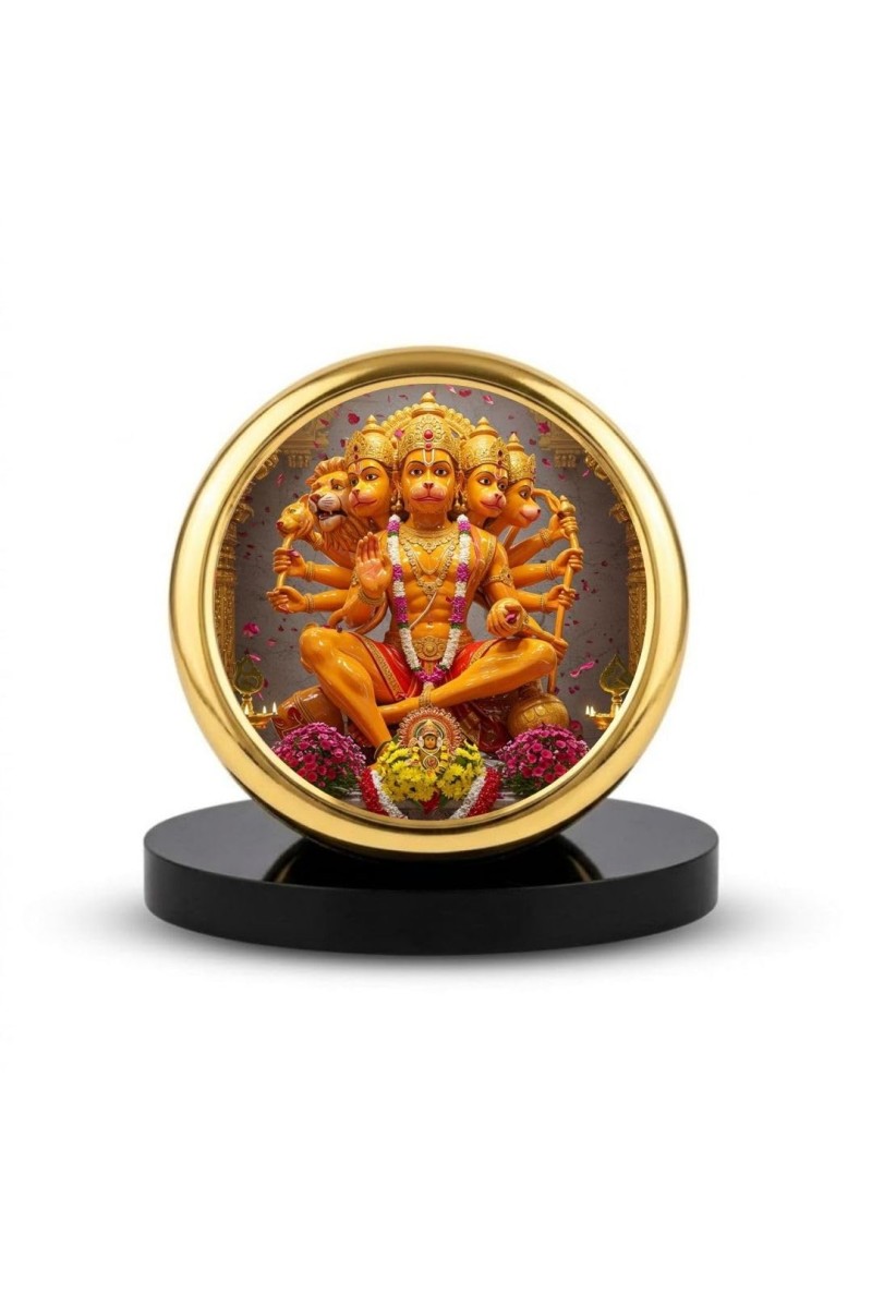 Car Dashboard/Table Top Panchmukhi Hanuman Metal Golden Photo Stand 2x2 Inches, Compact & Stylish Spiritual Display For Car, Home & Office (Pack Of 1) (F24711)