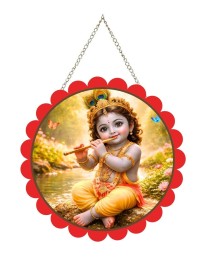 Lord Krishna Wall Hanging Photo Frame | 8 Inch Round Floral Design With Golden Hanging Chain | Decorative Religious Wall Decor For Home, Office, Temple & Pooja Room (F21962)